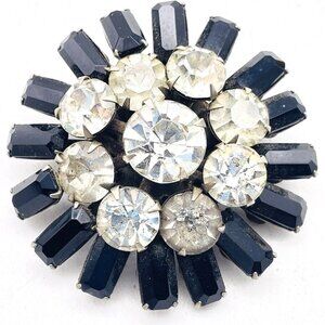 Vintage Rhinestone Brooch Clear and Black Stones Round Starburst Design